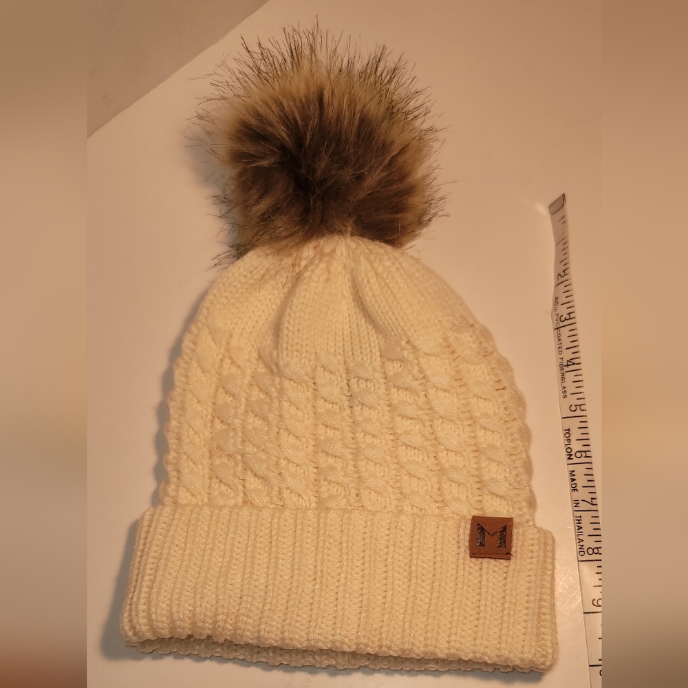Manhattan Hat Company Knit Cream Hat with Faux Fur Pom-pom